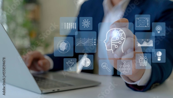 Obraz AI Driven Customer Insights Concept. Interacting virtual interface displaying artificial intelligence, data analytics icons, Using AI to analyze customer behavior, enhanceand enhance decision making