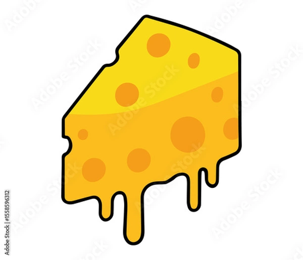 Fototapeta Piece of Cartoon Melting Cheese Slice Yellow Vector Illustration with Orange Holes and Dripping Edges in flat design on white background
