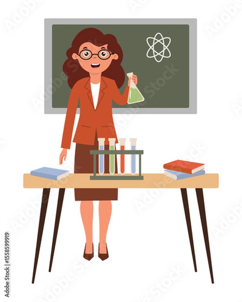 Obraz Teacher conducts chemistry experiment in classroom with colorful test tubes and educational posters. Business woman in flat style isolated on white background. Vector illustration.