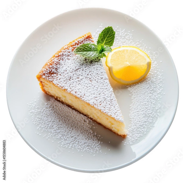Fototapeta Lemon Cheesecake Slice with Powdered Sugar and Mint Garnish on White Plate isolated on a transparent background