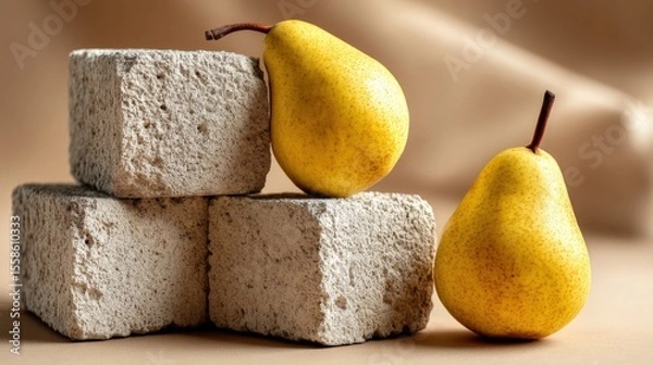 Fototapeta Fresh Yellow Pears with Stone Blocks on Soft Beige Background – Modern Still Life Composition