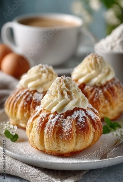 Fototapeta Freshly Baked Pastry with Cream Filling Served on a Plate Surrounded by Coffee, Eggs, and Flour in a Cozy Kitchen Setting