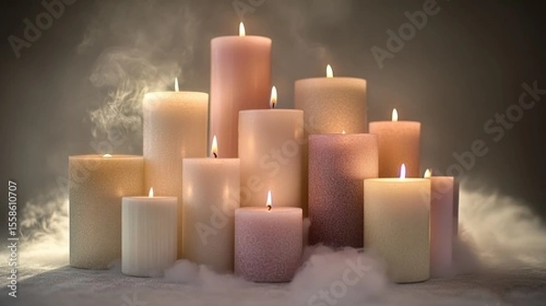 Fototapeta Elegant Group of Lit Candles in Soft Foggy Atmosphere for Relaxation and Mood Lighting