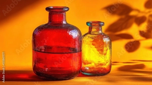 Fototapeta Colorful Glass Bottles in Warm Tones with Shadows on a Vibrant Background