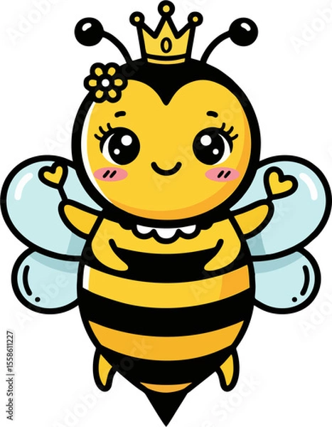 Obraz Cute Queen Bee Cartoon – Adorable Flying Bee with Crown and Heart Gesture for Kids and Nursery Art