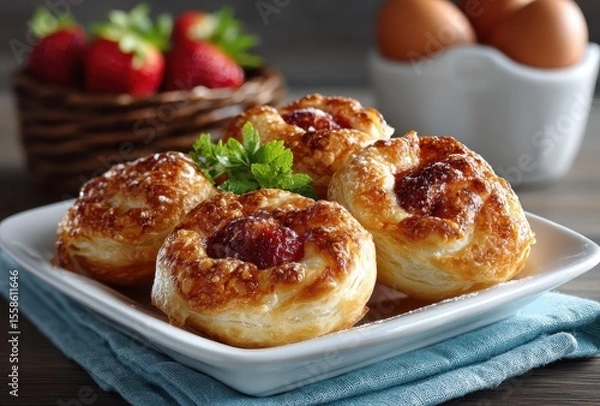 Fototapeta Freshly Baked Strawberry Cream Pastries Served on a White Plate with Mint Garnish and Eggs in Background, Perfect for Breakfast or Dessert
