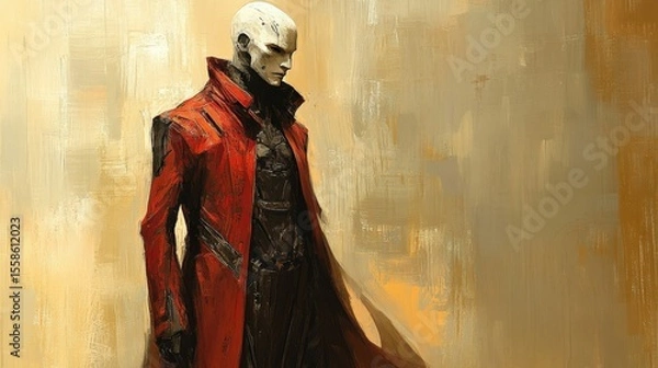 Fototapeta Dramatic Sci-Fi Character in Red Coat with Futuristic Design and Bold Strokes