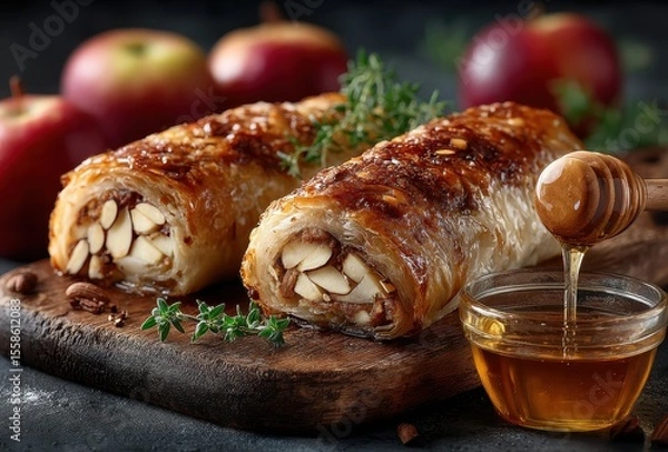 Fototapeta Freshly Baked Sweet Pastries with Almonds and Honey Drizzled on Wooden Board Surrounded by Red Apples and Fresh Herbs for Culinary Inspiration