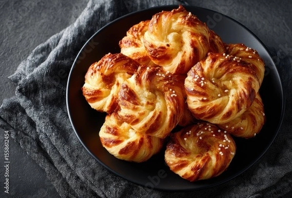 Fototapeta Freshly Baked Twisted Pastries on a Dark Slate Surface with Textured Cloth for Elegant Culinary Displays and Delicious Treats Photography