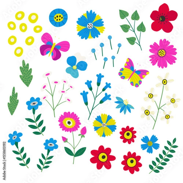 Fototapeta A colorful set of hand-drawn floral elements and butterflies. Bright botanical clipart collection with whimsical flowers, leaves, and nature details. Perfect for design and decoration.