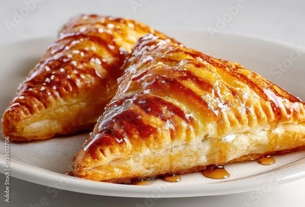 Fototapeta Golden Brown Pastry with Glossy Syrup Drizzle on White Plate Perfect for Delicious Dessert or Snack in a Bright Kitchen Setting