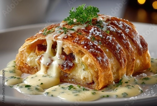 Fototapeta Golden flaky pastry filled with savory ingredients, drizzled with creamy sauce and garnished with a sprinkle of fresh herbs on a beautifully plated dish