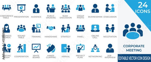 Fototapeta A PROFESSIONAL VECTOR ICON COLLECTION REPRESENTING CORPORATE MEETING , TEAMWORK, AND BUSINESS STRATEGY, ELEMENTS. PERFECT FOR OFFICE PRESENTATION, HR DOCUMENTS AND ENTERPRISE UI DESIGN 