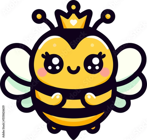 Obraz Cute Queen Bee Cartoon – Adorable Kawaii Style Bee with Crown and Blushing Cheeks for Kids Design and Stickers