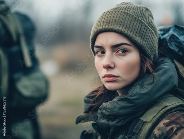 Obraz A young woman in military uniform, trained and ready for combat.