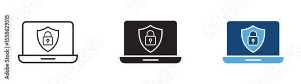Fototapeta Laptop computer with a lock icon on screen. Cybersecurity., Laptop security protection shield padlock internet safety data privacy network secure system icon set , vector illustration . 