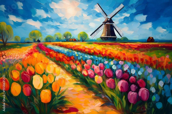 Fototapeta Colourful painting style image of landscape in Netherlands featuring path winding through tulip fields towards vintage windmill