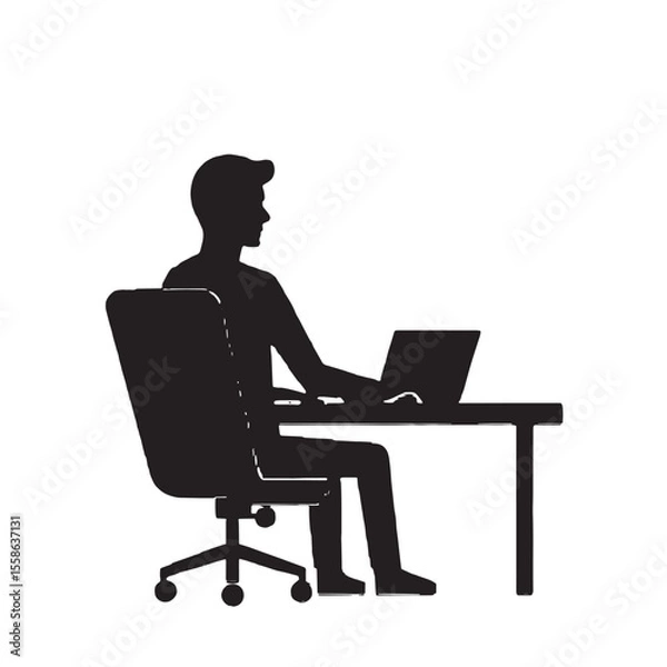 Fototapeta Black Silhouette Vector of Person Working on Laptop at Desk in Office or Remote Work Scene on White Background Full HD