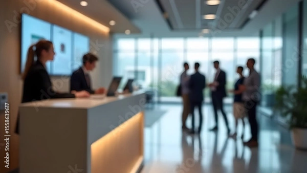 Fototapeta Blurred image of people queuing at a modern indoor service counter, business or government office environment, bright lighting with large windows and digital queue displays, public service scene