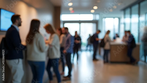 Fototapeta Blurred image of people queuing at a modern indoor service counter, business or government office environment, bright lighting with large windows and digital queue displays, public service scene