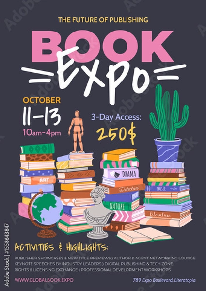 Obraz Book Expo or festival vertical poster for advertising and promotion. Stacks of various books. Banner, flyer design for social media posts, exhibitions, World Book Day, Literacy Day concept. Vector art