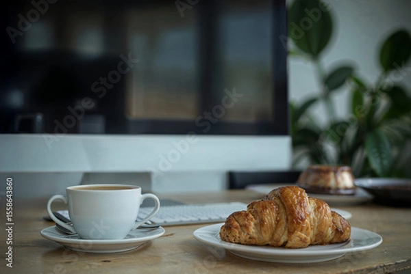 Fototapeta Breakfast on a workspace, a buttery croissant, a cup of coffee, and a small cake, with office equipment and a blurry plant in the background.