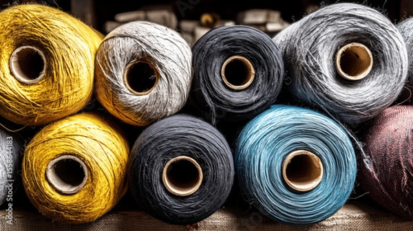 Fototapeta Macro shot of fabric rolls in textile factory with soft natural light