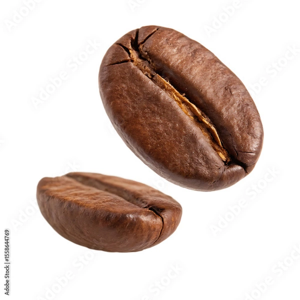 Obraz One aromatic roasted coffee bean in motion, falling from above isolated on a transparent background png