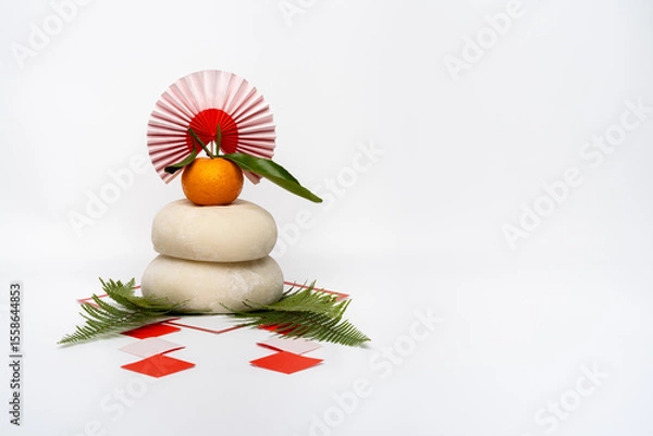 Fototapeta 本物のお餅“鏡餅"を左側に配置した写真　白背景　三宝(台座)無し