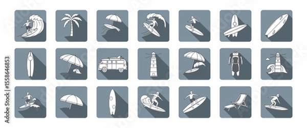 Fototapeta Stylized Surfing and Beach Vacation Icon Set with Long Shadows – Vector Graphics Featuring Surfers, Boards, Umbrellas, Palm Trees, Vans, and Lighthouses

