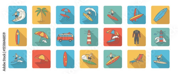 Fototapeta Colorful Surfing and Beach Vacation Icon Set Featuring Surfers, Boards, Umbrellas, Palm Trees, Vans, and Lighthouses in Flat Style
