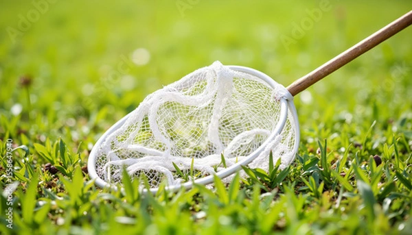 Fototapeta Fishing net resting on green grass in bright daylight  