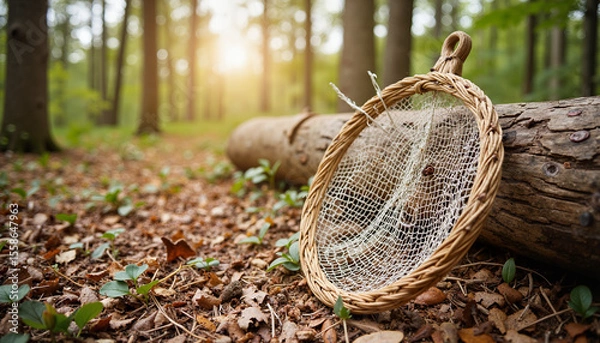 Fototapeta Rustic fishing net resting on a log in a sunlit forest  