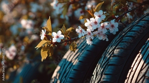 Obraz High-quality photo of summer car tires in the blooming spring in the sun, time for summer tires.