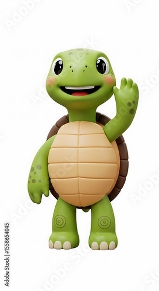 Fototapeta A cartoon turtle character stands smiling, with a shell and waving its hand on a white background.