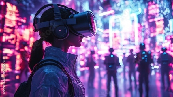 Fototapeta Futuristic Female Immersed in Virtual Reality Experiencing a Neon Cityscape Adventure