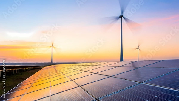 Obraz Sustainable Future: Solar Panels & Wind Turbines at Sunset, Harnessing Clean Renewable Energy