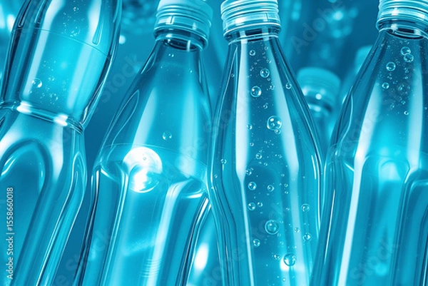 Fototapeta Clear plastic water bottles with white caps on background, mineral water containers for hydration and beverage packaging design