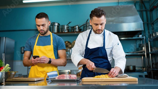 Fototapeta Professional chefs cooking together in modern commercial kitchen while blogger streaming cooking lesson content to social network blog for restaurant service