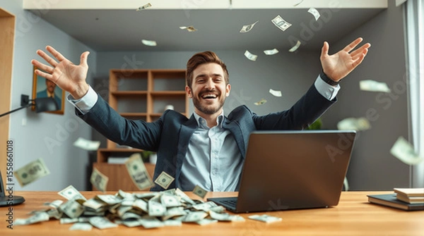 Fototapeta Happy successful businessman celebrating financial success with money falling in modern office workspace with laptop computer