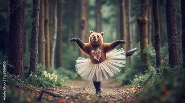 Fototapeta Bear in ballet tutu dancing in forest path surrounded by tall pine trees in mystical woodland setting