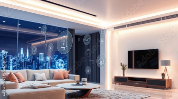 Fototapeta Modern Smart Home Living Room with Digital Interface Controls and City Skyline View through Glass Windows