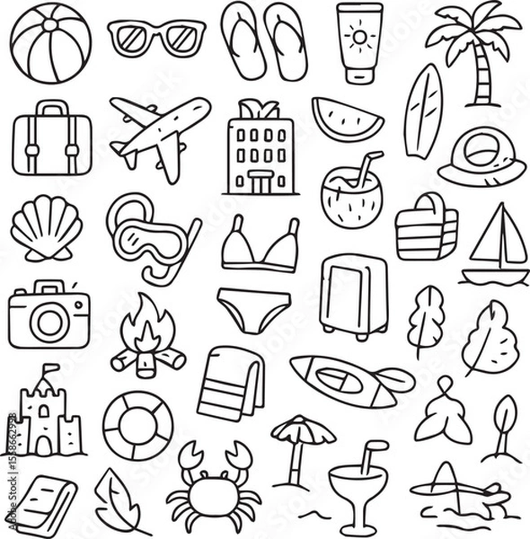 Fototapeta doodle icons set, Summer set of web icons in line style. Summer vacation icons for web and mobile app. Travel, beach, tourism, summer holidays, hotel, relax, beach, luggage, passport, sunglasses. EPS