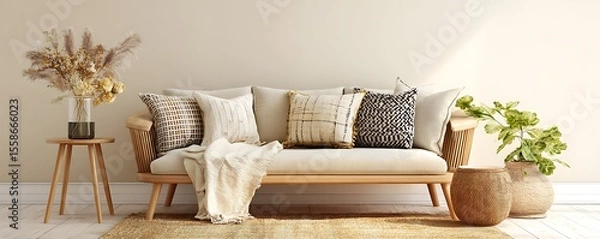 Fototapeta Boho Scandi Living Room Linen Couch Jute Rug Pale Walls Wooden Accent Table Airy Composition Lifestyle And Web-Ready Background