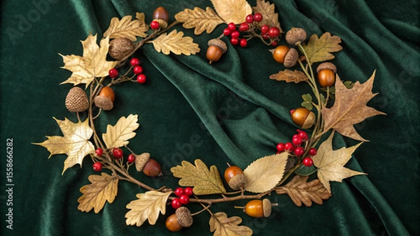Fototapeta Beautiful autumnal wreath made of acorns, red berries, oak leaves, and pine cones lies on a dark background, creating a warm and festive atmosphere perfect for thanksgiving or fall celebrations