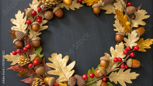 Fototapeta Beautiful autumnal wreath made of acorns, red berries, oak leaves, and pine cones lies on a dark background, creating a warm and festive atmosphere perfect for thanksgiving or fall celebrations