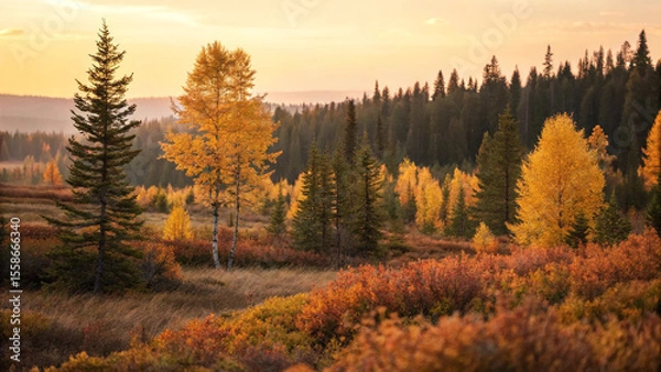 Fototapeta Warm sunlight bathing golden ferns in a tranquil autumn forest, creating a serene atmosphere as evening descends and the vibrant colors of sunset fill the landscape