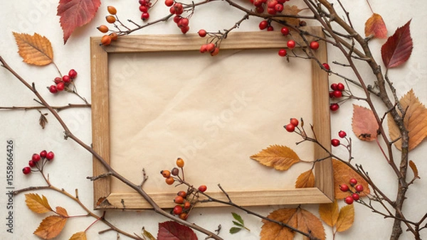 Fototapeta Wooden frame is placed on a textured background, surrounded by colorful autumn leaves and berries, creating a warm and inviting atmosphere perfect for showcasing fall themed designs or messages
