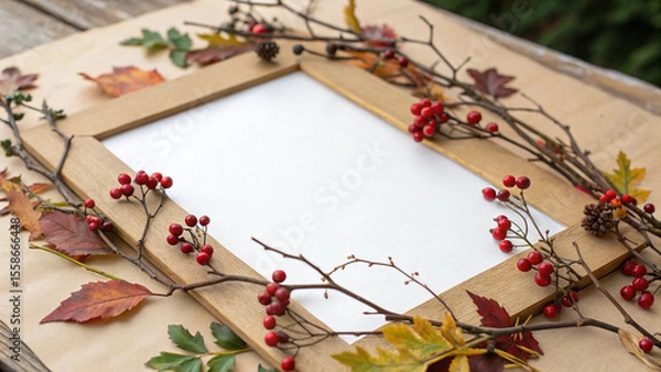 Fototapeta Wooden frame is placed on a textured background, surrounded by colorful autumn leaves and berries, creating a warm and inviting atmosphere perfect for showcasing fall themed designs or messages