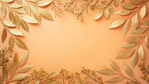 Fototapeta Golden and bronze autumn leaves and branches arranged on an orange background creating a beautiful frame with copy space, perfect for fall themed designs and projects